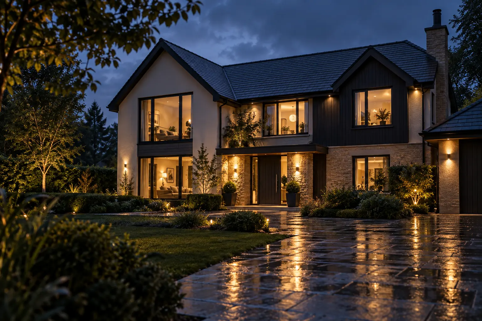 A warmly lit contemporary home at dusk